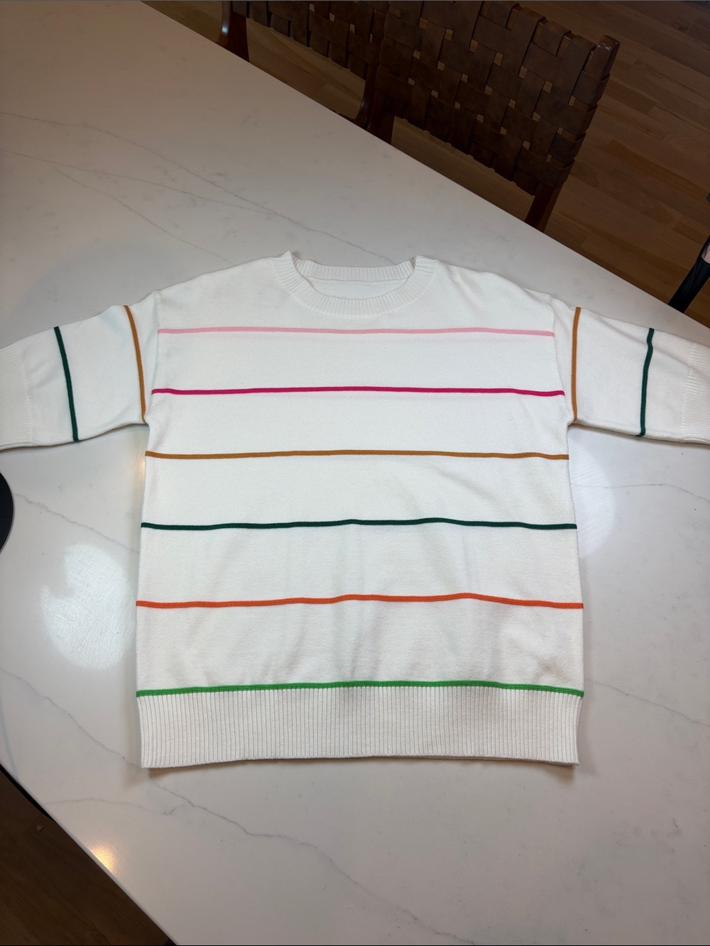 White Knit Sweater with Multicolor Stripes